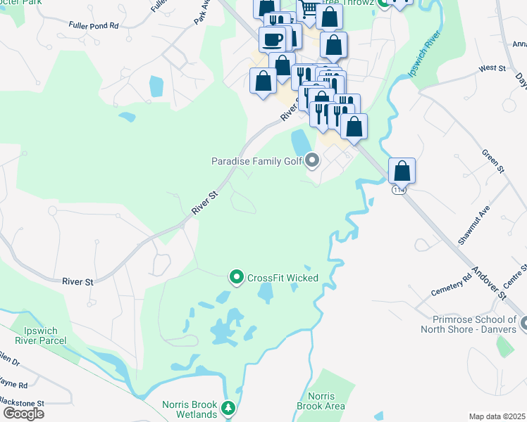 map of restaurants, bars, coffee shops, grocery stores, and more near 28 River Street in Middleton