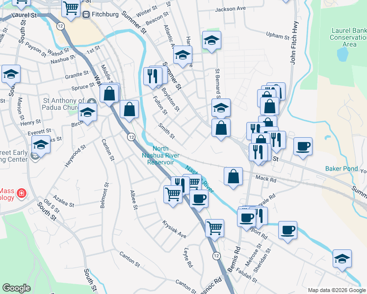 map of restaurants, bars, coffee shops, grocery stores, and more near 50 Hancock Street in Fitchburg