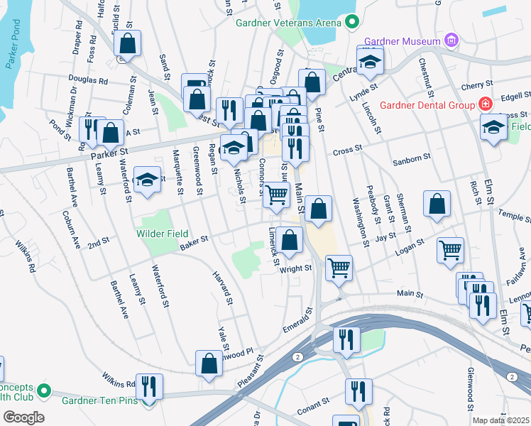 map of restaurants, bars, coffee shops, grocery stores, and more near 175 Connors Street in Gardner