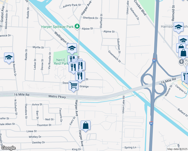 map of restaurants, bars, coffee shops, grocery stores, and more near 37500 Harper Avenue in Clinton Township