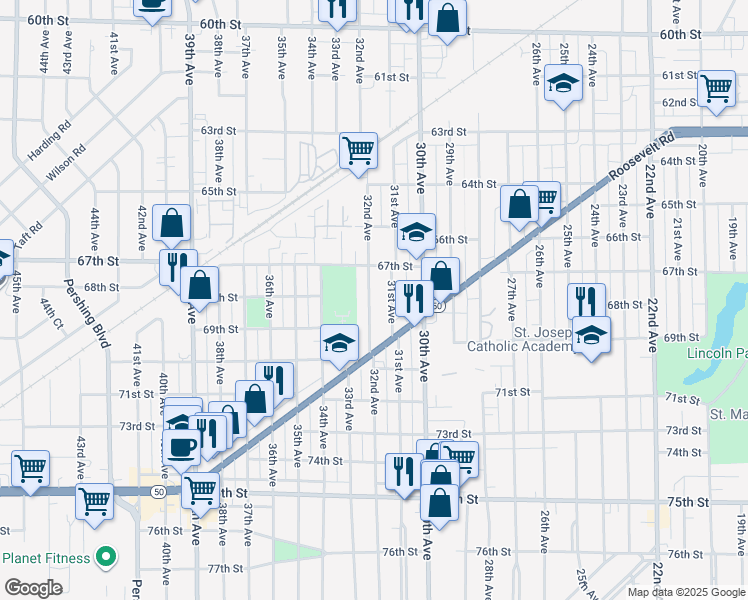 map of restaurants, bars, coffee shops, grocery stores, and more near 6711 32nd Avenue in Kenosha