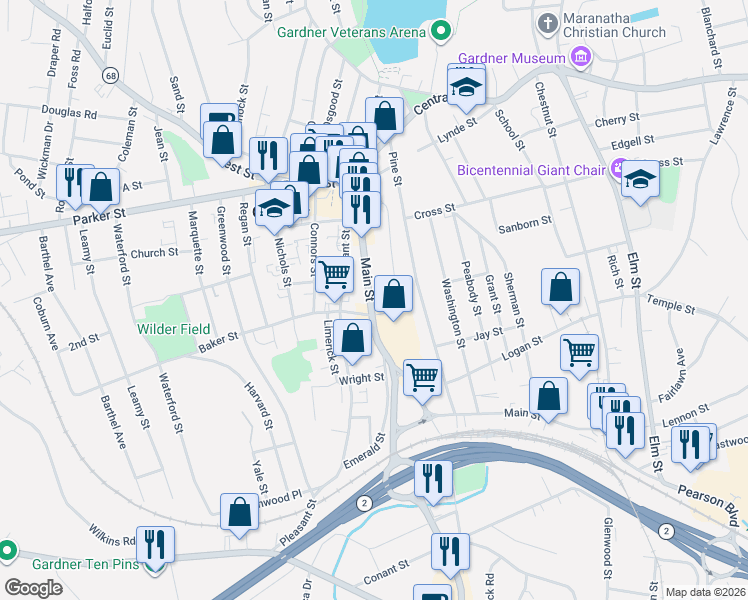 map of restaurants, bars, coffee shops, grocery stores, and more near 183 Main Street in Gardner
