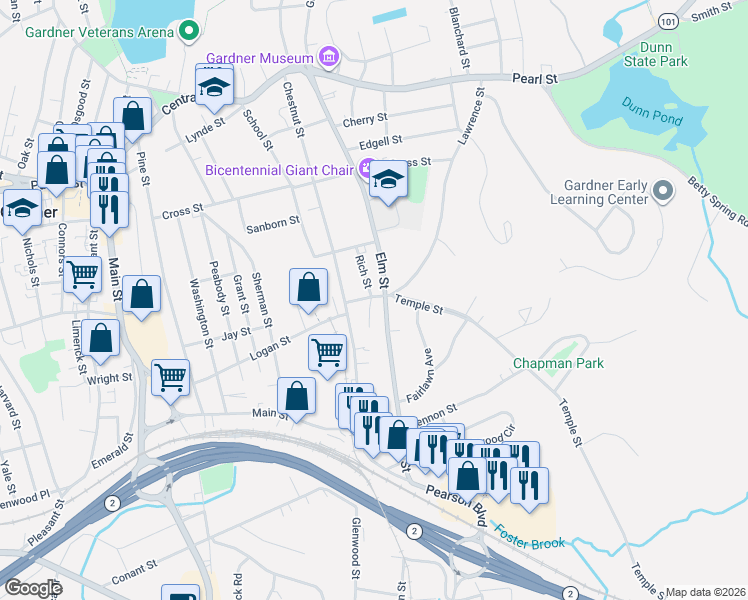 map of restaurants, bars, coffee shops, grocery stores, and more near 82 Rich Street in Gardner