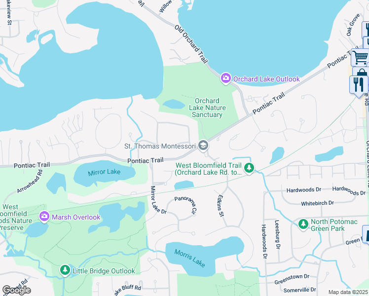 map of restaurants, bars, coffee shops, grocery stores, and more near 4489 Cranbrook Trail in West Bloomfield Township
