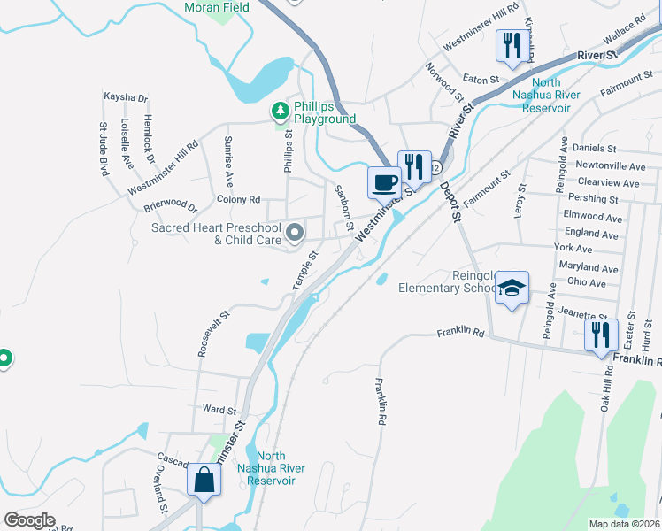 map of restaurants, bars, coffee shops, grocery stores, and more near 226 Westminster Street in Fitchburg