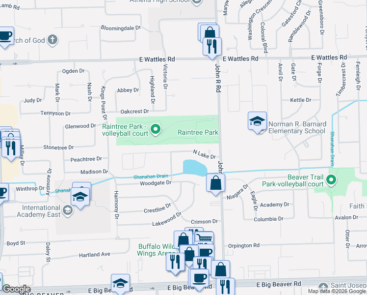 map of restaurants, bars, coffee shops, grocery stores, and more near 1831 North Lake Drive in Troy
