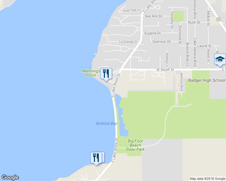 map of restaurants, bars, coffee shops, grocery stores, and more near 1210 South Lake Shore Drive in Lake Geneva