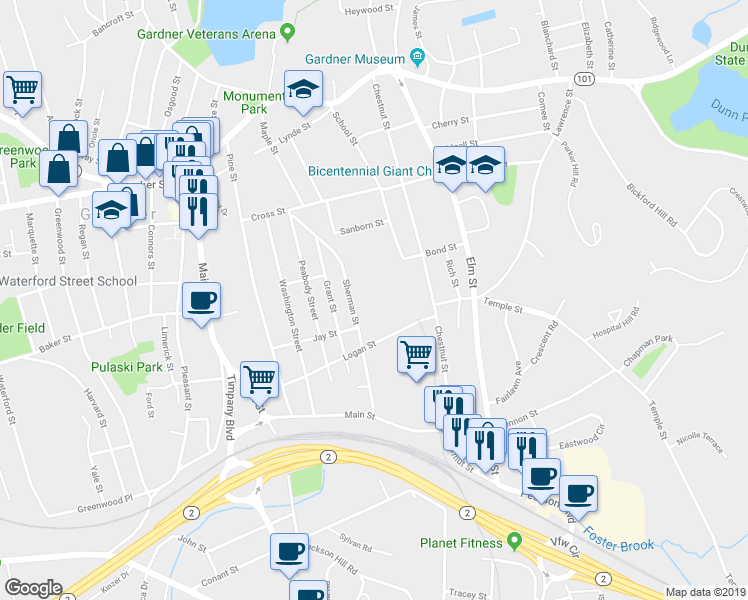 map of restaurants, bars, coffee shops, grocery stores, and more near 132 Sherman Street in Gardner