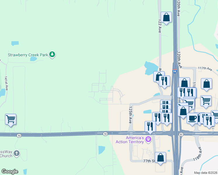 map of restaurants, bars, coffee shops, grocery stores, and more near 12842 71st Street in Kenosha