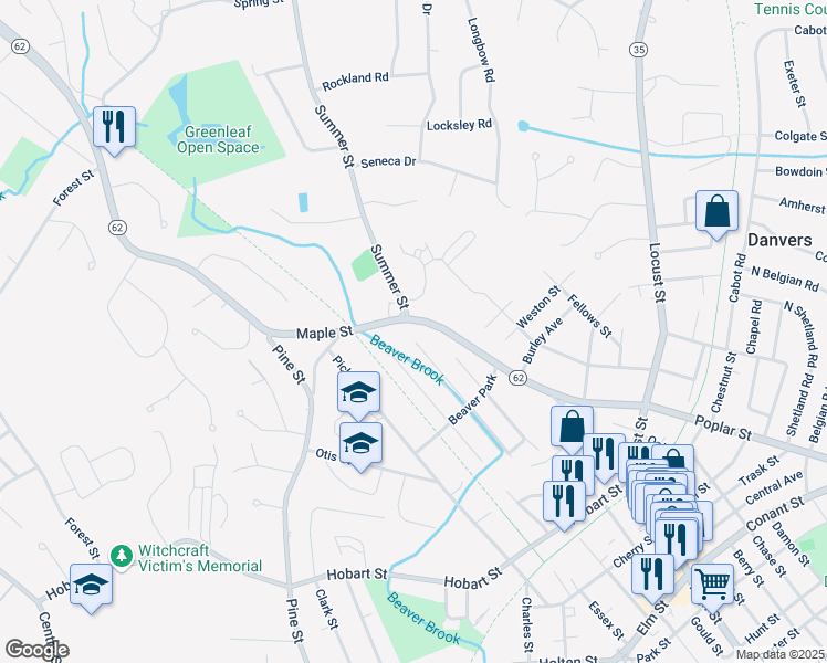 map of restaurants, bars, coffee shops, grocery stores, and more near 211 Maple Street in Danvers
