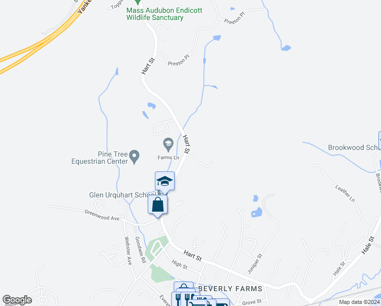map of restaurants, bars, coffee shops, grocery stores, and more near 127 Hart Street in Beverly