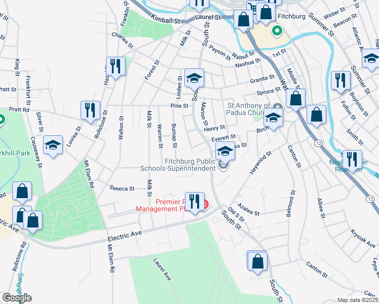 map of restaurants, bars, coffee shops, grocery stores, and more near 17 Everett Street in Fitchburg