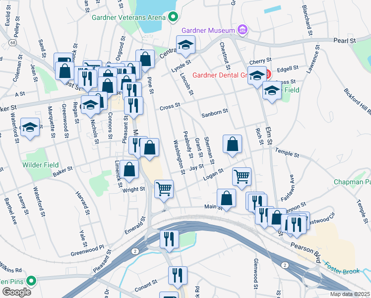 map of restaurants, bars, coffee shops, grocery stores, and more near 76 Grant Street in Gardner