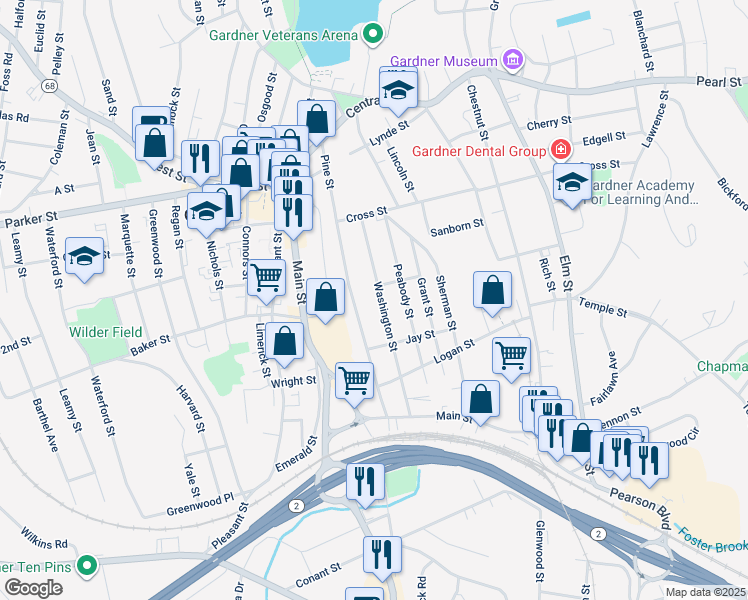 map of restaurants, bars, coffee shops, grocery stores, and more near 81 Washington Street in Gardner