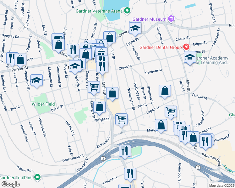 map of restaurants, bars, coffee shops, grocery stores, and more near 197 Pine Street in Gardner