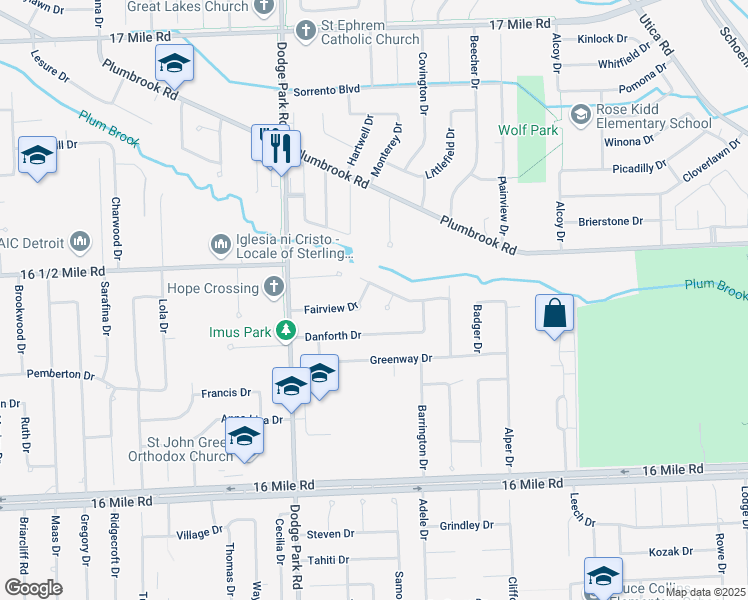 map of restaurants, bars, coffee shops, grocery stores, and more near 12001 Fairview Drive in Sterling Heights