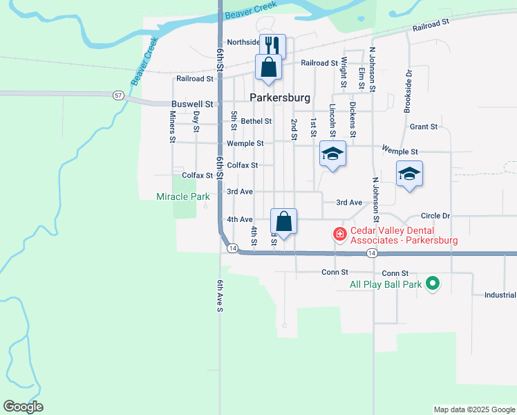 map of restaurants, bars, coffee shops, grocery stores, and more near 701-799 4th Street in Parkersburg
