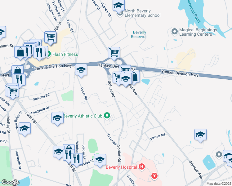 map of restaurants, bars, coffee shops, grocery stores, and more near 14 Northridge Road in Beverly