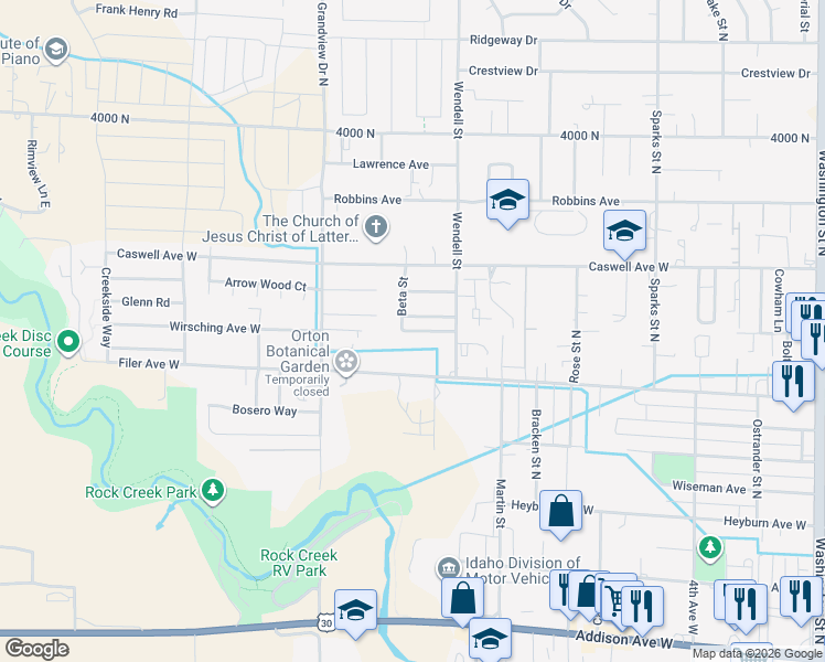 map of restaurants, bars, coffee shops, grocery stores, and more near 639 Beta Street in Twin Falls