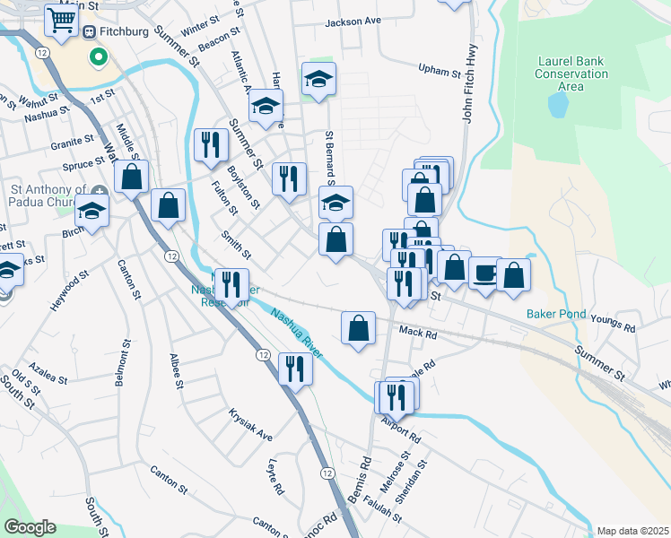 map of restaurants, bars, coffee shops, grocery stores, and more near 245 Summer Street in Fitchburg