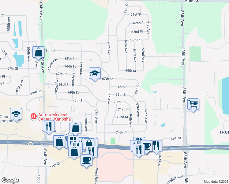 map of restaurants, bars, coffee shops, grocery stores, and more near 9513 68th Street in Kenosha
