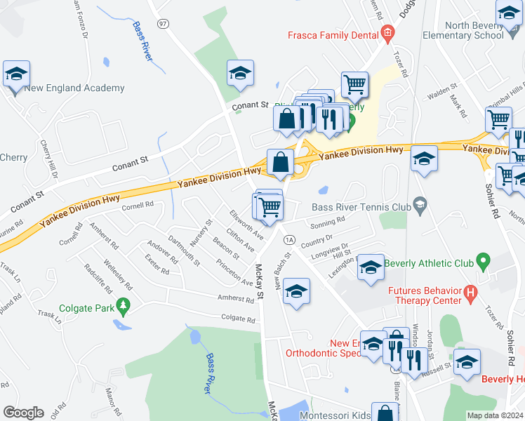 map of restaurants, bars, coffee shops, grocery stores, and more near 600 Cabot Street in Beverly
