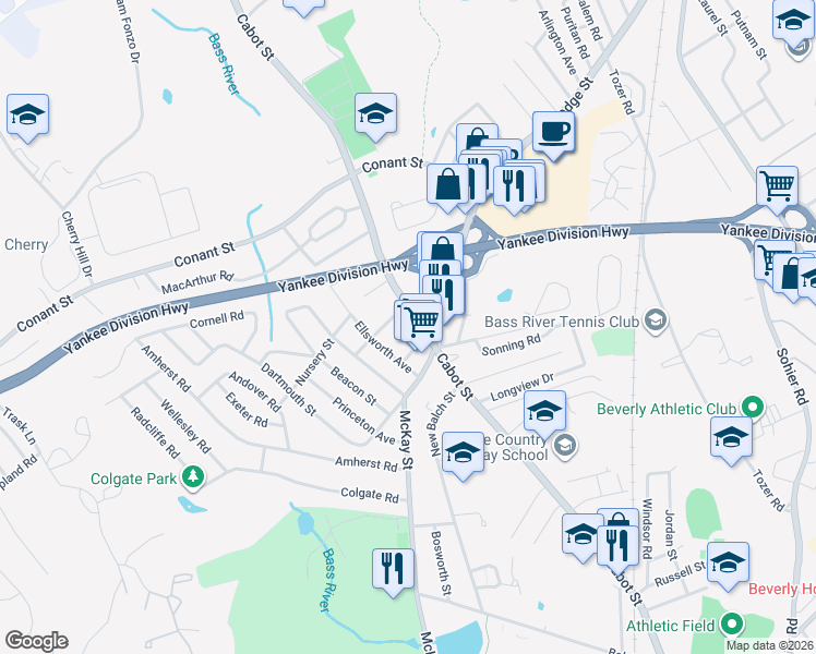 map of restaurants, bars, coffee shops, grocery stores, and more near 1 Tremont Street in Beverly
