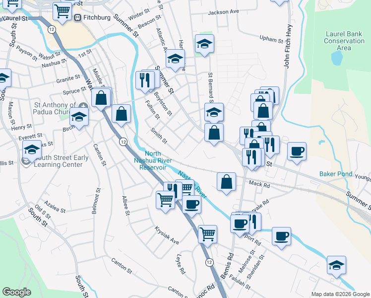 map of restaurants, bars, coffee shops, grocery stores, and more near 50 Hancock Street in Fitchburg
