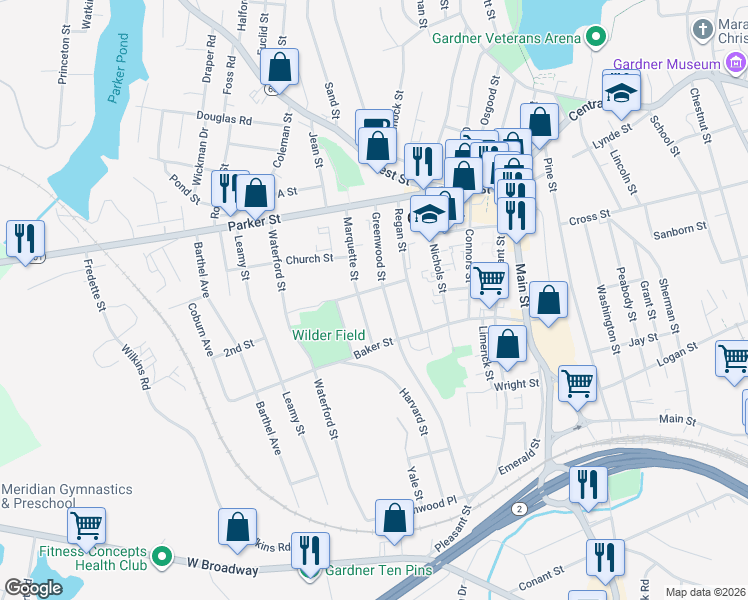 map of restaurants, bars, coffee shops, grocery stores, and more near 41 Moran Street in Gardner