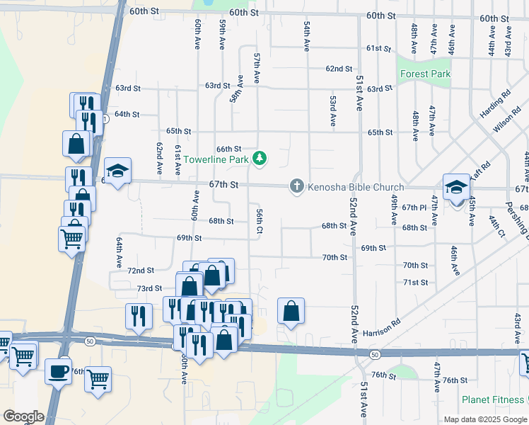 map of restaurants, bars, coffee shops, grocery stores, and more near 5630 67th Place in Kenosha