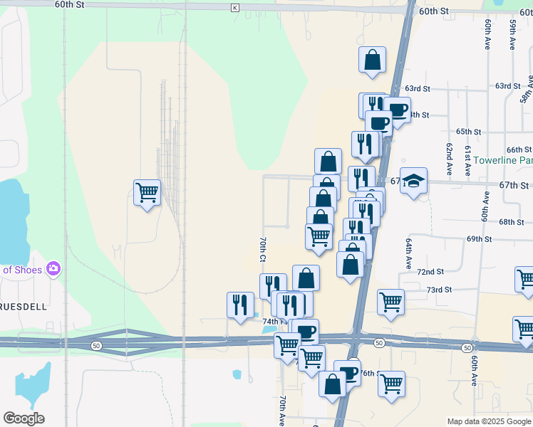 map of restaurants, bars, coffee shops, grocery stores, and more near 6925 70th Court in Kenosha