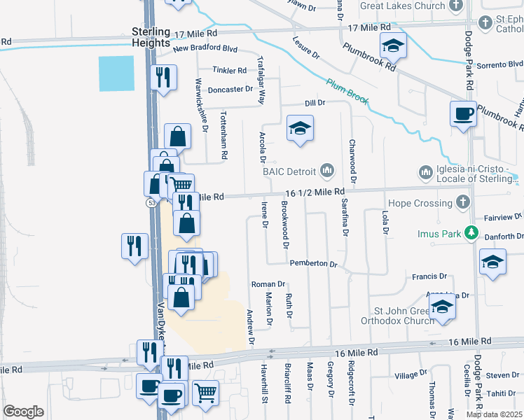 map of restaurants, bars, coffee shops, grocery stores, and more near 8644 16 1/2 Mile Road in Sterling Heights