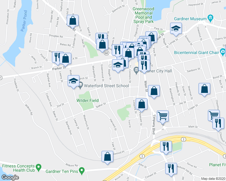 map of restaurants, bars, coffee shops, grocery stores, and more near 157 Regan Street in Gardner