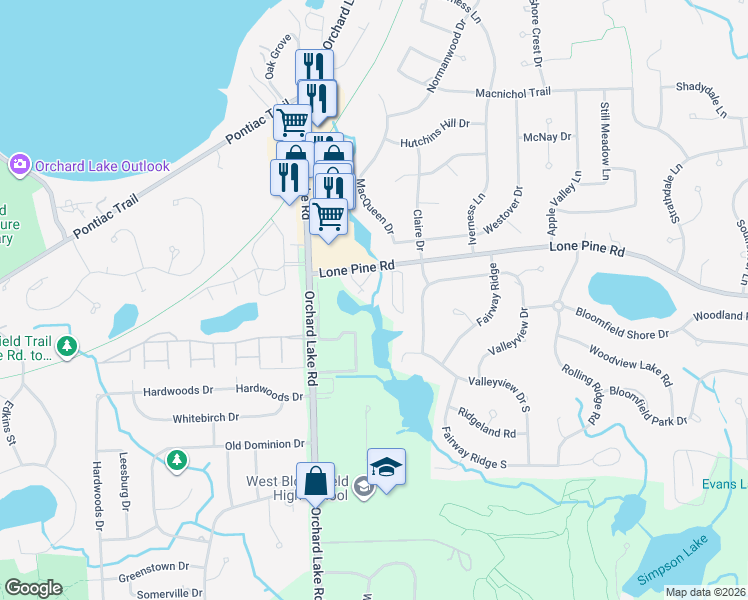 map of restaurants, bars, coffee shops, grocery stores, and more near 3885 Lone Pine Road in West Bloomfield Township