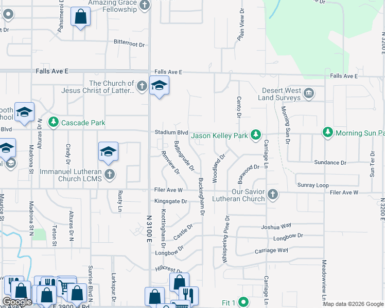 map of restaurants, bars, coffee shops, grocery stores, and more near 2364 Twin Oaks Park in Twin Falls