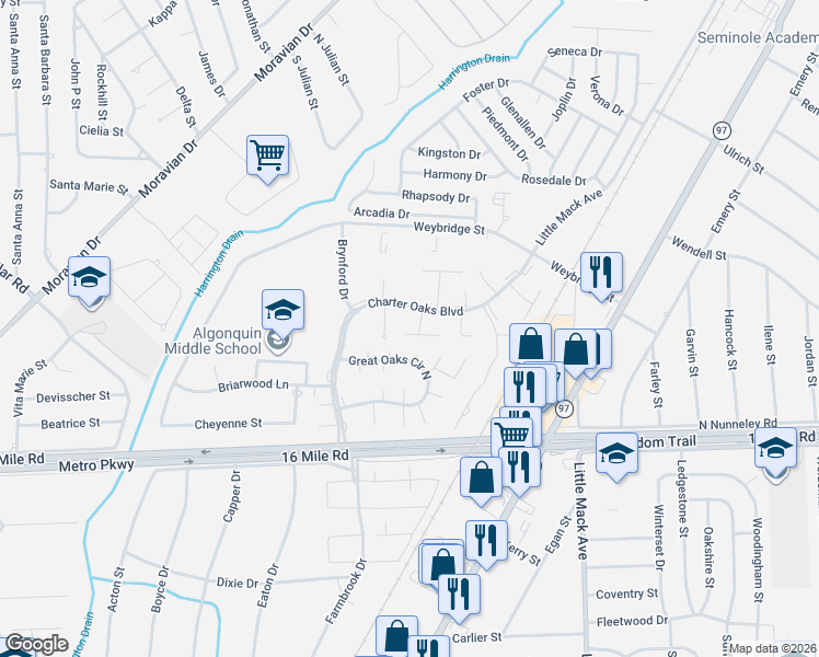 map of restaurants, bars, coffee shops, grocery stores, and more near 37498 Charter Oaks Boulevard in Clinton Township