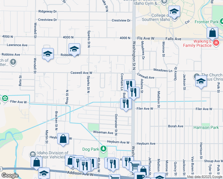 map of restaurants, bars, coffee shops, grocery stores, and more near 600 La Habra Street in Twin Falls