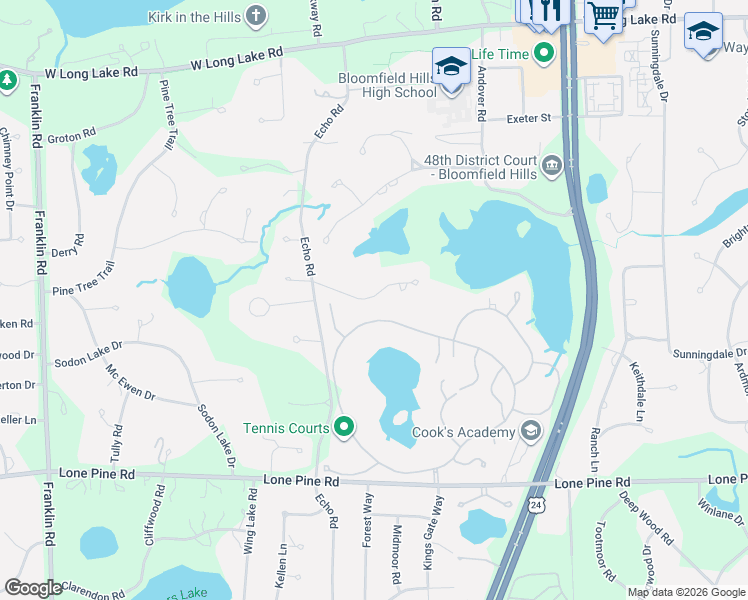 map of restaurants, bars, coffee shops, grocery stores, and more near 1252 Hidden Lake Drive in Bloomfield Hills