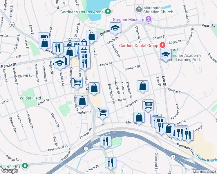 map of restaurants, bars, coffee shops, grocery stores, and more near 81 Washington Street in Gardner