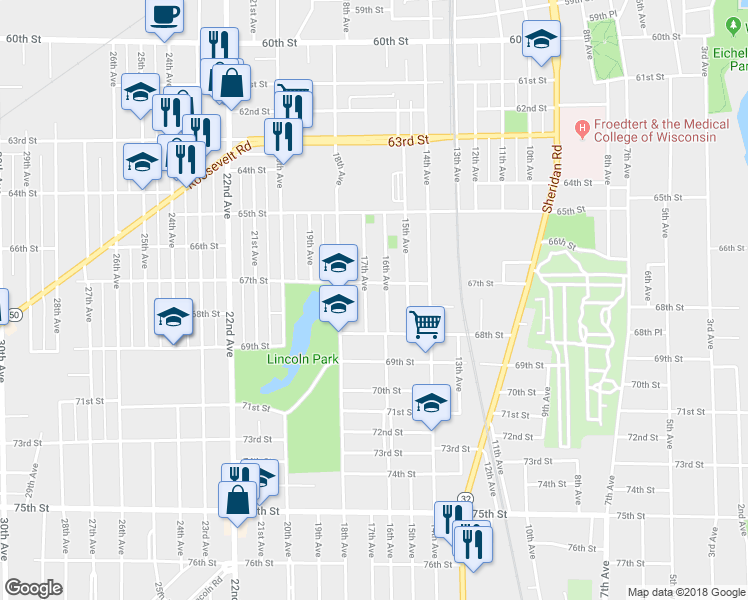 map of restaurants, bars, coffee shops, grocery stores, and more near 6719 17th Avenue in Kenosha
