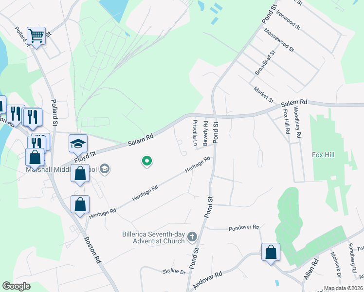 map of restaurants, bars, coffee shops, grocery stores, and more near 9 Priscilla Lane in Billerica