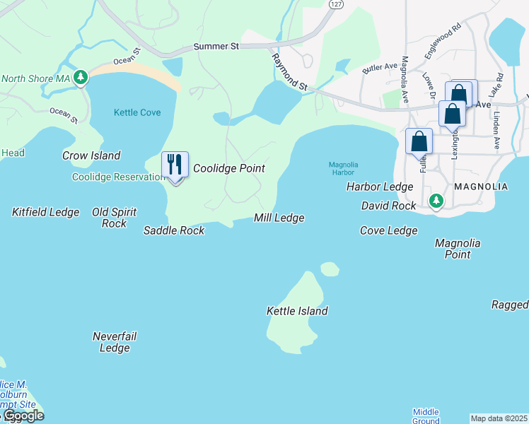 map of restaurants, bars, coffee shops, grocery stores, and more near 35 Coolidge Point in Manchester-by-the-Sea