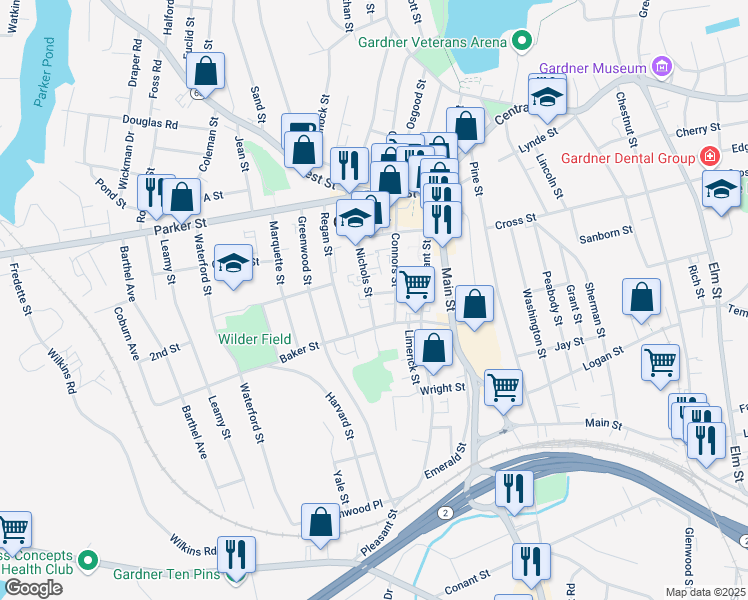 map of restaurants, bars, coffee shops, grocery stores, and more near 175 Connors Street in Gardner