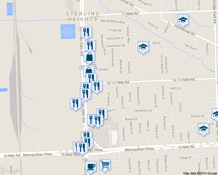 map of restaurants, bars, coffee shops, grocery stores, and more near 8310 16 1/2 Mile Road in Sterling Heights