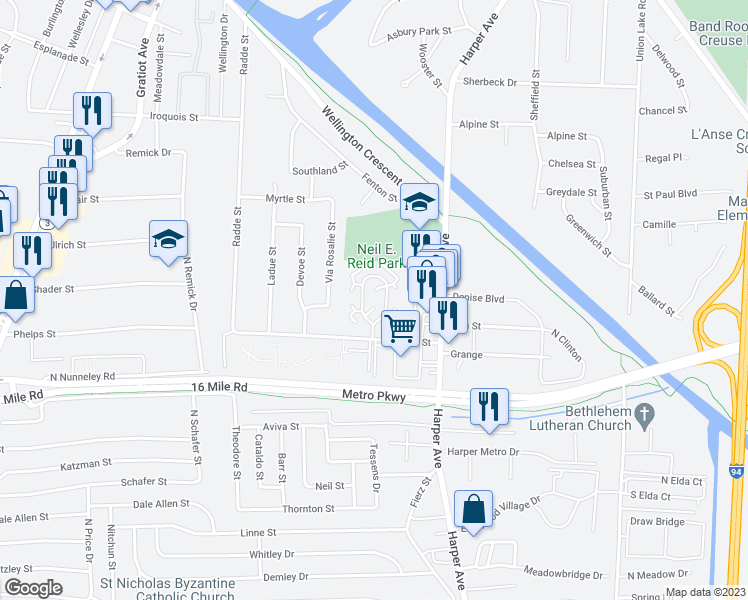 map of restaurants, bars, coffee shops, grocery stores, and more near 37467 Stonegate Circle in Clinton Township