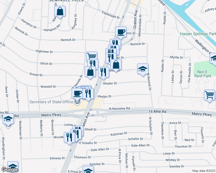 map of restaurants, bars, coffee shops, grocery stores, and more near 22622 Shader Street in Clinton Township