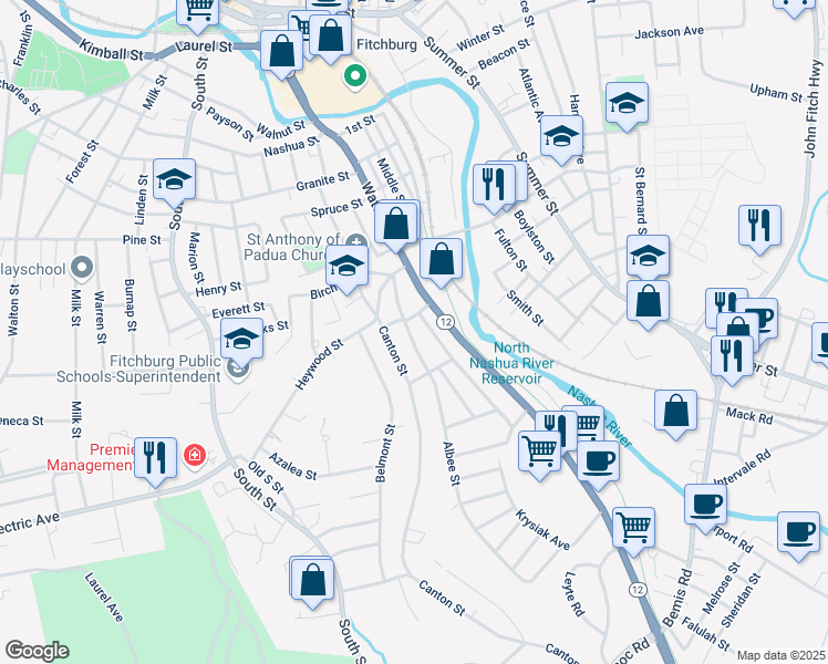 map of restaurants, bars, coffee shops, grocery stores, and more near 55 Albee Street in Fitchburg