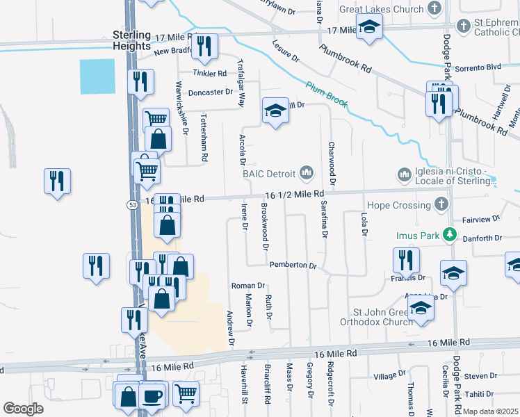 map of restaurants, bars, coffee shops, grocery stores, and more near 37827 Brookwood Drive in Sterling Heights