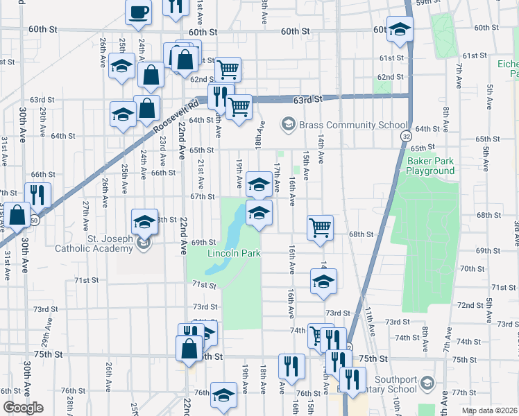 map of restaurants, bars, coffee shops, grocery stores, and more near 6729 18th Avenue in Kenosha