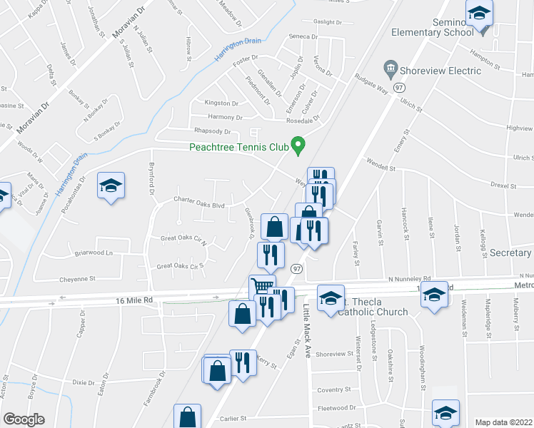 map of restaurants, bars, coffee shops, grocery stores, and more near 37352 Glenbrook Drive in Clinton Township